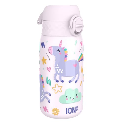 ion8 Botella Agua Inox Ligero para Niños, 400ml, Sin Aislamiento, a Prueba de Fugas, Fácil de Abrir, Cerradura Segura, Apta para Lavavajillas, Tapa Abatible, Fácil de Limpiar, Unicornios, Rosa