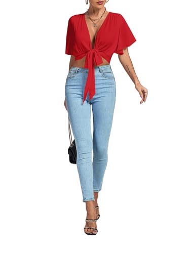 Image of LYANER Women's Sexy Deep V Neck Tie Front Wrap Cropped Blouse Bell Short Sleeve Ruffle Crop Tops