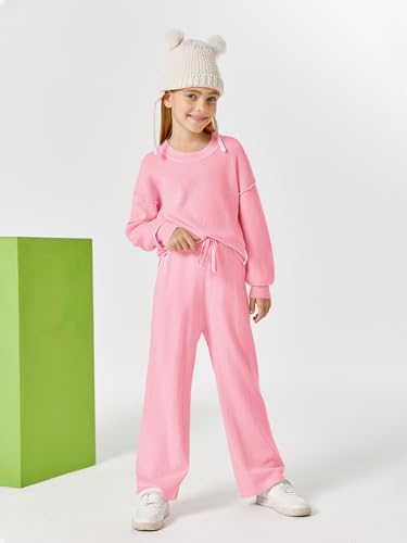 Image of Haloumoning Girls 2 Piece Outfits Kids Long Sleeve Crewneck Sweater Drawstring Wide Leg Long Pants Sweatsuits Sets 5-14T