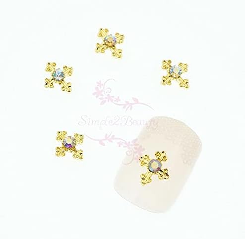 100PCS/LOT 8X7MM Cross Shape AB Rhinestones Gold Plated 3D Salon Acrylic Nail Art Alloy Charms Jewelry Crafts DIY Design Decor