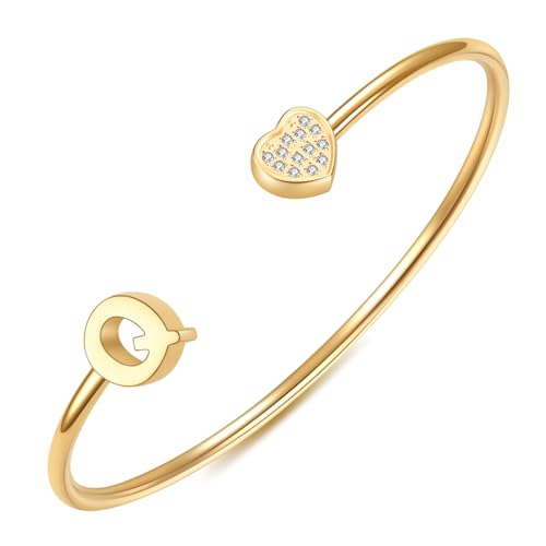 Image of VQYSKO Heart Initial Cuff Bracelets for Woman-CZ Stainless Steel Adjustable Open Bracelet Woman Jewellery,Birthday Gifts for Woman