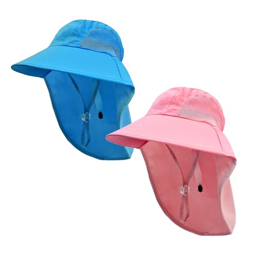 Image of Rosoz Kids Sun Hat with Neck Flap UV Protection Summer Toddler Beach Hat Unisex Ponytail Hat Wide Brim Fishing Hat