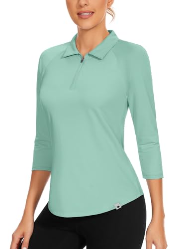 Soneven Golf Polo Shirt Damen 3/4 Ärmel Bluse Zip Up Poloshirt Oberteil Sportshirt Langarm Funktionsshirt Wandershirt Atmungsaktiv Grün S