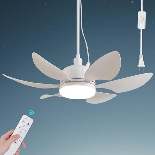 AHAWILL Outdoor Plug in Ceiling Fans with Lights,18.5" Gazebo Fan,3 Color Dimmable 3 Fan Speeds,Portable Hanging Ceiling Fan for Patios,Tent,Indoor.White