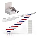 UM Supplies Straight Edge Barber Razor | Professional Men's Straight Shaving Razors kit With 10 Replaceable Blades | Cut Throat Shavette | Barber Pole Red, White, Blue