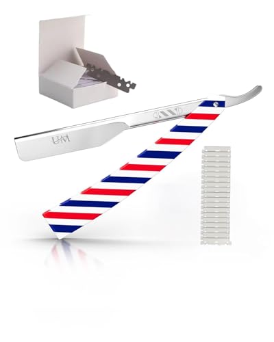 UM Supplies Straight Edge Barber Razor | Professional Men's Straight Shaving Razors kit With 10 Replaceable Blades | Cut Throat Shavette | Barber Pole Red, White, Blue