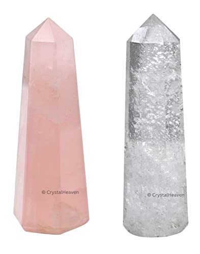Image of Crystal Heaven Shiv Shakti Pair Clear Quartz Rose Quartz Crystal Tower Obelisk Point For Chakra, Healing & Balancing-Aaa Grade Certified Gemstone Agate For Reiki Meditation Yoga Spiritual (2-3 Inches)