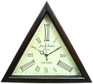 Classic Home Decor Handmade Wooden Triangle Designer Wall Clock | Antique Look Style Deep Glass Roman Number for Home, Hall, Office, Farmhouse Decoration (16 Inch)