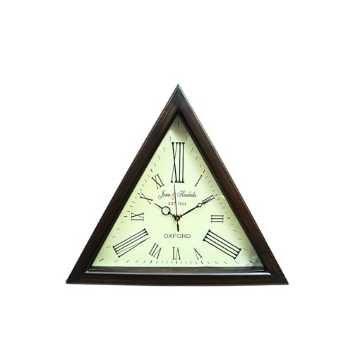 Classic Home Decor Handmade Wooden Triangle Designer Wall Clock | Antique Look Style Deep Glass Roman Number for Home, Hall, Office, Farmhouse Decoration (16 Inch)