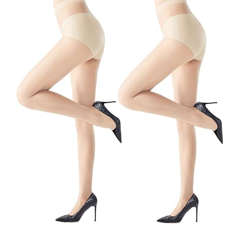 2 Pcs 15D Women's Summer Thin High-waisted Tight-fitting Pantyhose Anti-hooking Not Out of Gear Wearable Stockings High Elasticity Comfortable Skin Stockings (Skin Tone T-Crotch Without Trace)