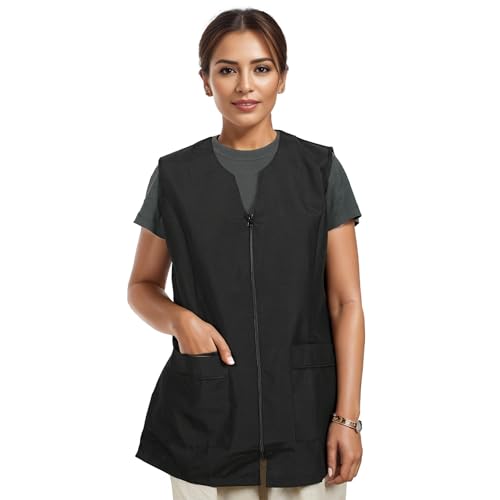 Casaca Señora Casaca Negra para Limpieza Mujer Sin Manga con Cierre Cremallera, Uniforme Laboral Limpieza - M