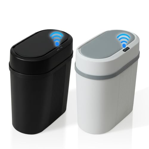 sapisecret 2er Set Mülleimer Bad mit Sensor, 8L Elektrischer Mülleimer mit Deckel, Schmal 15cm Automatischer Mülleimer für Badezimmer WC & enge Ecken, Geruchsdicht (Schwarz, Weiß)