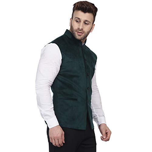 Image of Veera Paridhaan Men's Velvet Solid Green Nehru Jacket NEW