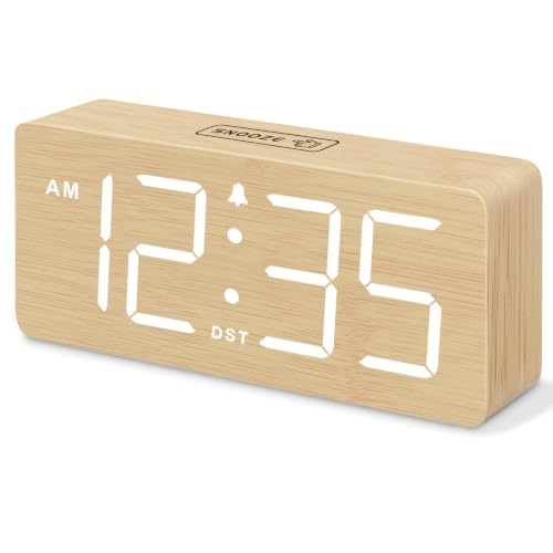 Image of DreamSky Wooden Digital Alarm Clock for Bedroom - Desk Clocks for Living Room with Large Numbers, Dimmer, Loud Alarm for Heavy Sleepers with Volume Control, DST, Office Wood Decor (Plug in Clock)