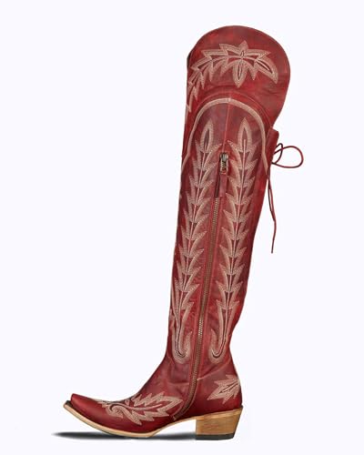 KOKOMOMO Wide Calf Cowboy Boots Women Over The Knee Western Cowgirl Thigh High Boots Embroidered Chunky Heels Adjustable Lace Up Long Country Boot Zip 2 INCH Heel Dress Shoes3