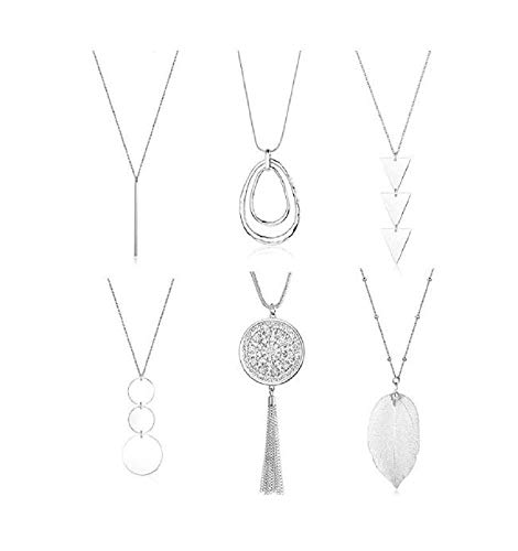 6 PCS Long Pendant Necklace for Women Gold Bar Circle Leaf Triangle Tassel Y Necklace Set for Girls - Sivel