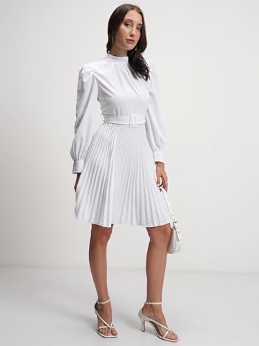 Image of Tokyo Talkies Women's Elegant A-Line Dress with Belt & Pleated Dress- Sophisticated Full-Sleeve Style for Any Occasion