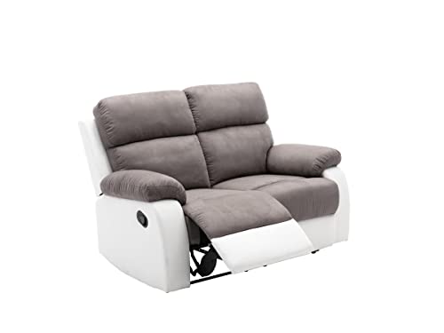Canapé 2 Places Relax Manuel en Microfibre et Simili TOLZANO - Gris et Blanc