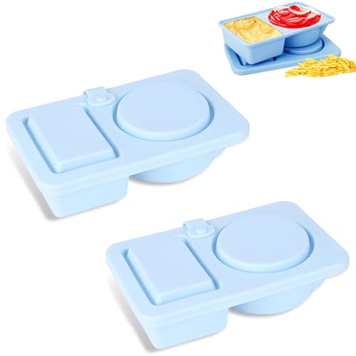 2 recipientes reutilizables para aperitivos con tapas, recipientes de silicona de doble compartimento, recipiente para aderezos de ensalada, condimentos, mini cajas de aperitivos para viajes, oficina