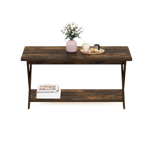 Image of Furinno Modern Simplistic Coffee Table, 2-Tier Rectangle Center Table with Open Shelf and X-Legs, Criss-Crossed Side Table, for Living Room, Bedroom, Home Office, Amber Pine