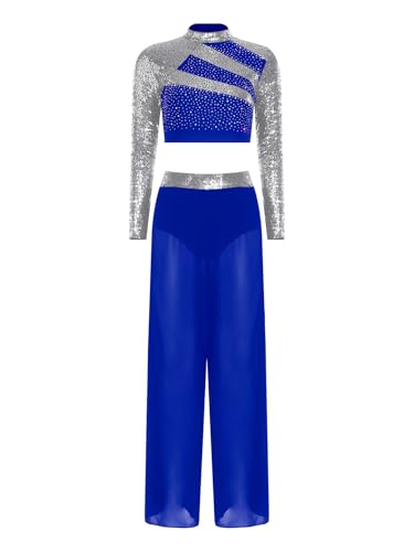 Ensemble danse contemporaine bleu royal avec pantalon et haut court à strass taille S