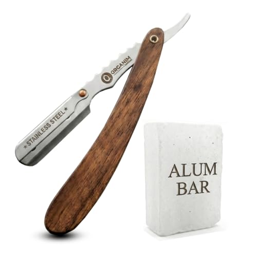 Image of ORGANIM Professional Wood Ustra for Men - Stainless Steel Straight Razor Salon And Alum Bar (Fitkari) - 100g 100% Pure Natural Phitkari Stone Bar for water purification, Skin Tightening, Underarm Deodrant| Gentle,Effective & Natural After Shave Lotion alternative| Chemical-Free Shaving Kit Aid (Combo kit)