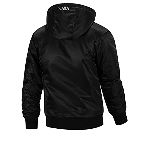 Image of CORIRESHA Winter Men's NASA Bomber Jacket Stand-Up Collar Hooded Thickened Embroidered Zipper-Up Jacket