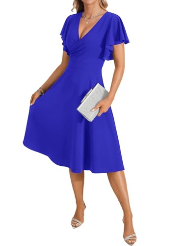 Image of LYANER Women's Warp V Neck Ruffle Short Sleeve A Line Swing Flared Cocktail Party Midi Dress