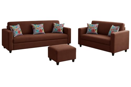 Image of Rosebell 3+2 Fabric Sofa Set with Ottoman | Premium Upholstery 5-Seater Sofa | with Printed Cushions | Living Room Furniture |Brown-Color