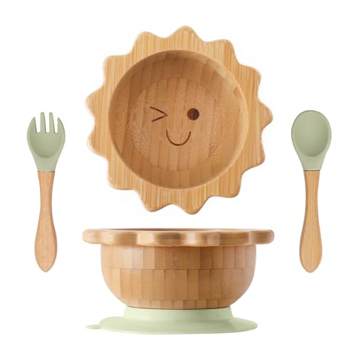 Image of Suction Bowl for Baby Kid Toddler Bamboo Bowl Spoon Fork Set with Removable Silicone Suction All-Natural Baby Feeding Set for Baby-Led Weaning Fits Feeding High Chair Table