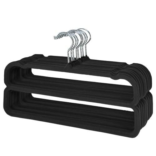 WJWSKI Hosenbügel 10 Stück rutschfeste Samt Kleiderbügel Hosen Platzsparender Hosenrockbügel mit 360-Drehung und Metallhaken für Hemden Hosen Kleider Röcke Mäntel (Schwarz)