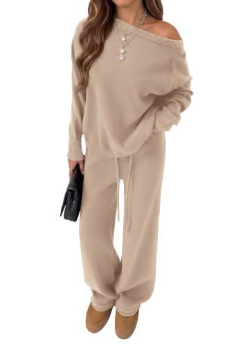 PRETTYGARDEN Lounge Sets Womens Sweaters Two Piece Outfits (Khaki,XL)