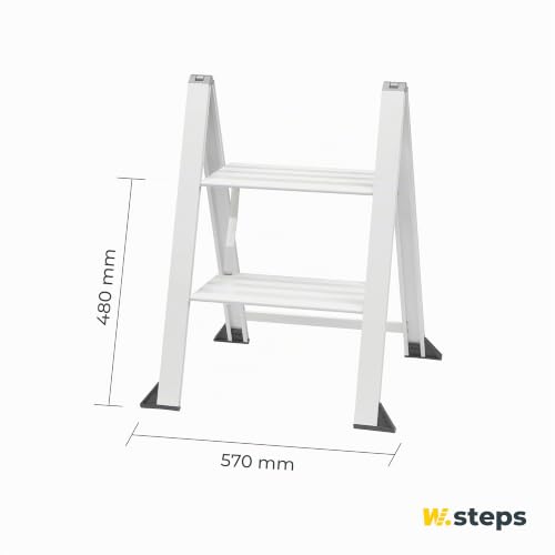 Weisse Alu Trittleiter Vikingstep Midi von W.Steps I 480mm hoch I Belastbar bis 150kg I Kompakte Aluminium Klapptrittleiter mit 2 Stufen I Nur 35mm breit I 3169011