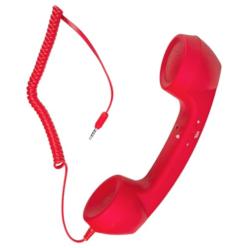 Retro Phone Handset, 3.5mm Jack Wire Cell Phone Receiver with Answer Button/Volume Keys, Handheld Old Telephone Headset for Mobile Phones/Cellphone/Smartphone (Red)