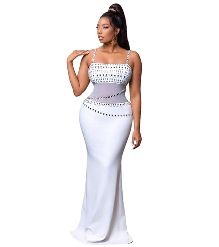 Image of Jigfar Women Sexy Elegant Rhinestone Mesh See Through Party Club Night Split Bodycon Formal Maxi Dress