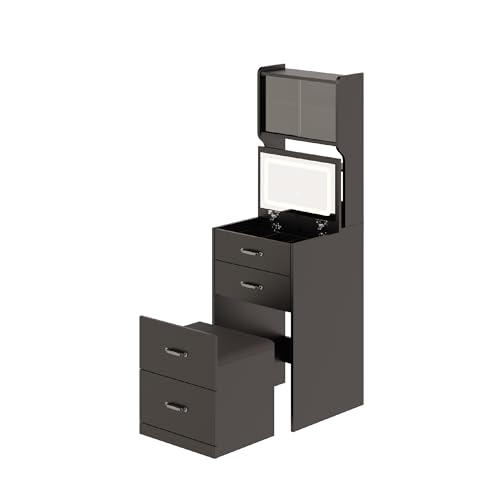 GarveeLife Compact Vanity, Make Up Vanity Desk with Mirror and Lights, White Vanity Table Set with Charger Station,Girls Small Vanity and Storage Chai