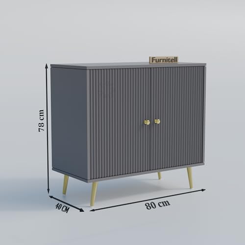 Image of Wooden Storage Cabinet for Living Room & Bedroom | Fluted Design Sideboard with 2 Doors | Multipurpose Organizer for Entryway | HDMR Premium Wood | Gold Metal Legs | Grey