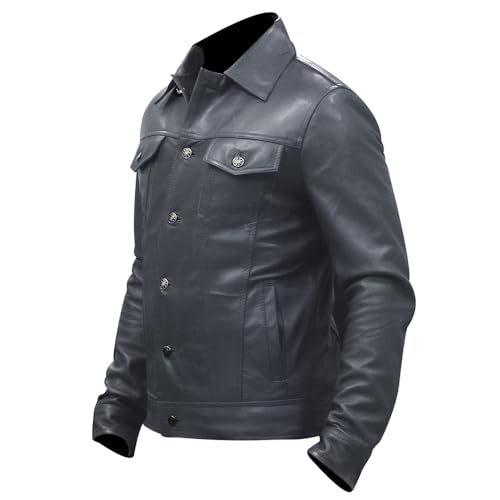Image of Men's Genuine Leather Trucker Jacket Vintage Motorcycle Black Western Biker Slim Fit Trucker Jacket