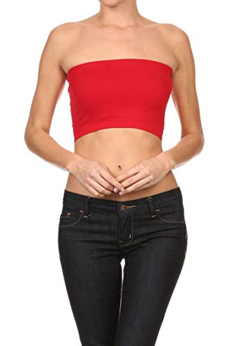 Women's Regular Size Seamless Solid Stretchy Bandeau Tube Top Red OneSize