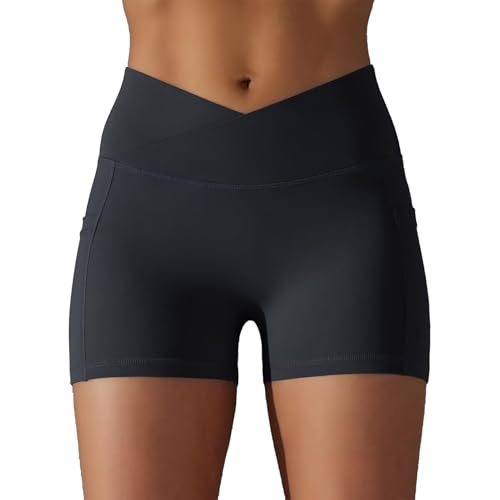 bpbtti Women's Crossover High Waist Workout Shorts with 2 Side Pockets2