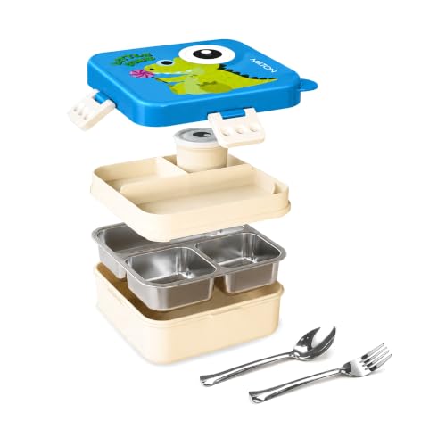 Image of MILTON Dino Pop Bento Stainless Steel Lunch Box, 3 Compartments, 4-Side Lock, with Tray, Spoon, Fork & Container for School, Office, Travel, BPA Free, 1120 ml + 70 ml, Blue