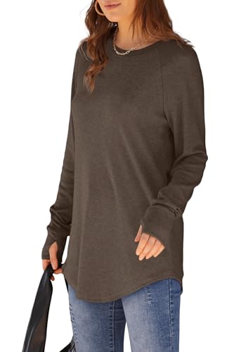 Image of XIEERDUO Womens Tunic Tops to Wear with Leggings Long Sleeve Thumb Hole Shirts Crew Neck Curved Hem
