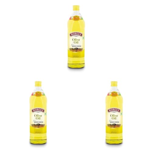 Image of Borges Olive Oil for Indian Cooking - 1 L Glass |Extra Light |Packed in Spain |Light Flavour |75% MUFA | Ideal for daily cooking: deep fry, tadka, curries (Pack of 3)