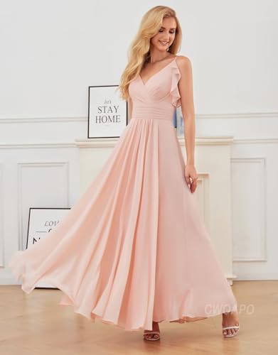 CWOAPO V Neck Bridesmaid Dresses for Women Long Ruffles Chiffon Spaghetti Straps A Line Pleated Formal Evening Gowns4