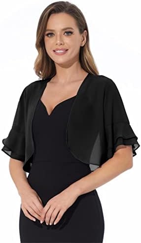 Women Shrug Soft Chiffon Open Front Sheer 3/4 Sleeve Bolero Cardigan for Evening Dress(Black,XL)