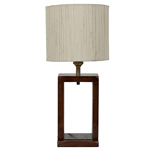 Image of tu casa Wooden Table Lamp with Off-White Cotton Fabric Shade | Bedside Night Lamp for Bedroom & Living Room | Decorative Wooden Nightstand & Study Table Lamp for Home Decor & Gifting