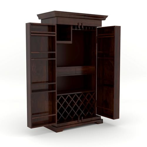 Image of Sheesham Solid Wood New Pre-Assemble Wooden Stylish Bar Cabinet /Wine Rack /Beer Bar /with Wine Glass Storage (Dark Brown)
