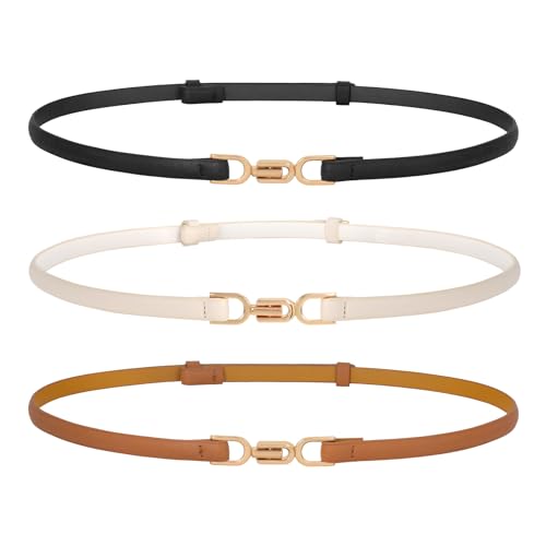 Women Skinny Leather Belts 3 Pack Ladies Adjustable Thin Waist Belts with Gold Buckle for Dresses