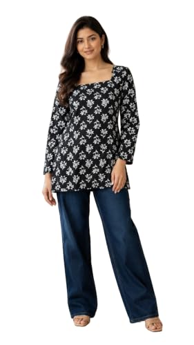 Image of Women's Floral Printed Cotton Kurti Summer Cotton Tunic Top for Girls