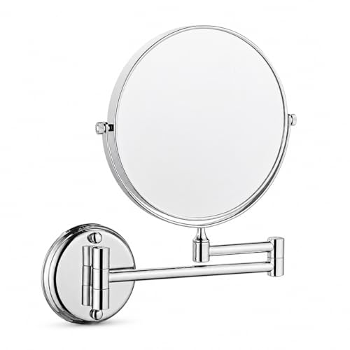Image of BATH GURU 8 Inch 360 Shaving Mirror | Chrome Finish & 3X Magnification | Mirror for Makeup with Wall Mount Bracket | Shaving & Makeup Mirror for Bathroom & Vanity | 360 Swivel Extendable Arm
